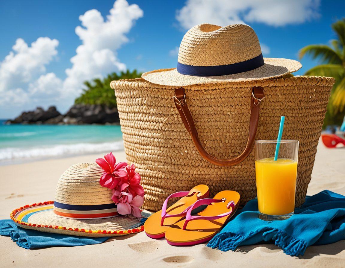 A sunlit beach scene featuring a stylish beach bag overflowing with vibrant summer accessories like oversized sunglasses, a straw hat, and colorful flip-flops. Nearby, a refreshing tropical drink sits on a lounge chair, while soft waves lap against the shore, creating a serene atmosphere for ultimate summer adventures. The sky is bright blue with light fluffy clouds. super-realistic. vibrant colors. bright background.