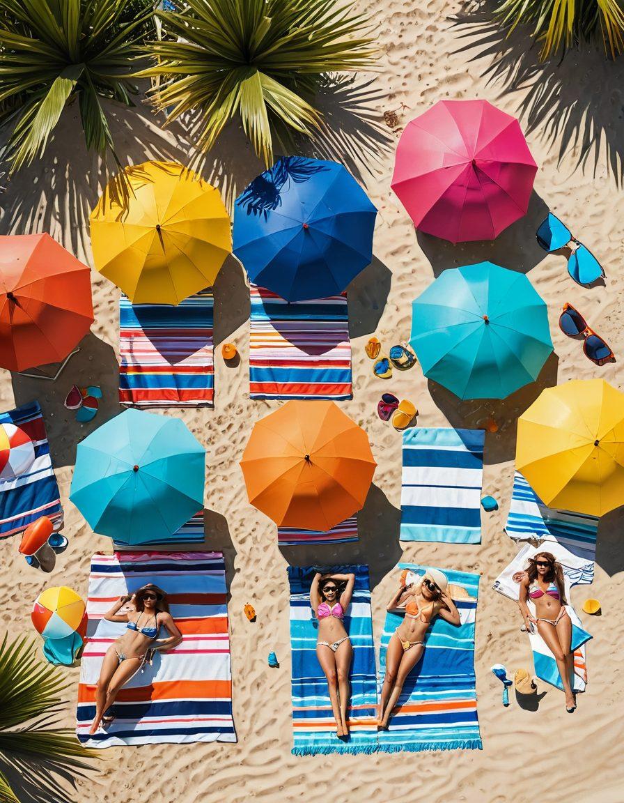 A vibrant beach scene displaying a diverse group of people showcasing a variety of fashionable swimwear, including bikinis and swim trunks. Sunlit sandy beach with colorful beach umbrellas, surfboards, and beach balls in the background. Add elements of tropical plants and a clear blue ocean to enhance the summer vibe. Cool and stylish accessories like hats and sunglasses resting on beach towels. Capture the essence of fun and relaxation at the beach. vibrant colors. super-realistic. sunny atmosphere.